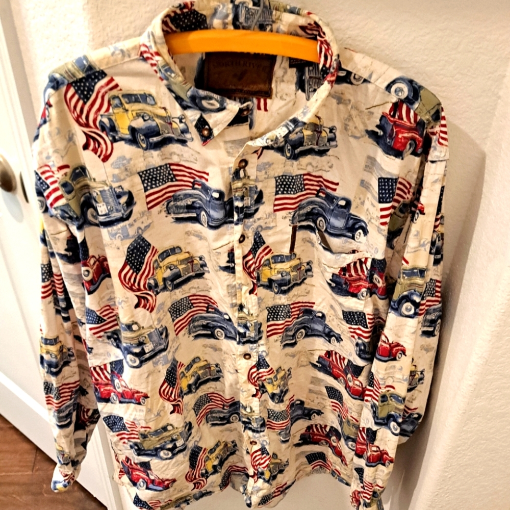 White and Red Casual Button Down Shirt with Americana Theme